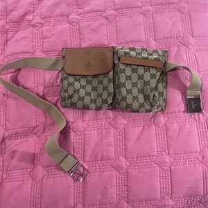 Gucci GG Double Belt Bag, Canvas Belt Bag, Toffee Color
